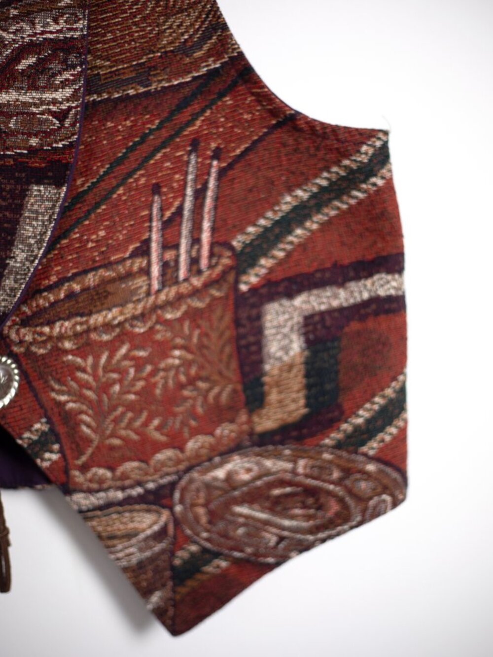 Vintage 90s Southwestern Tapestry Vest | Concho Buttons + Braided Leather Tie - Picture 6 of 8